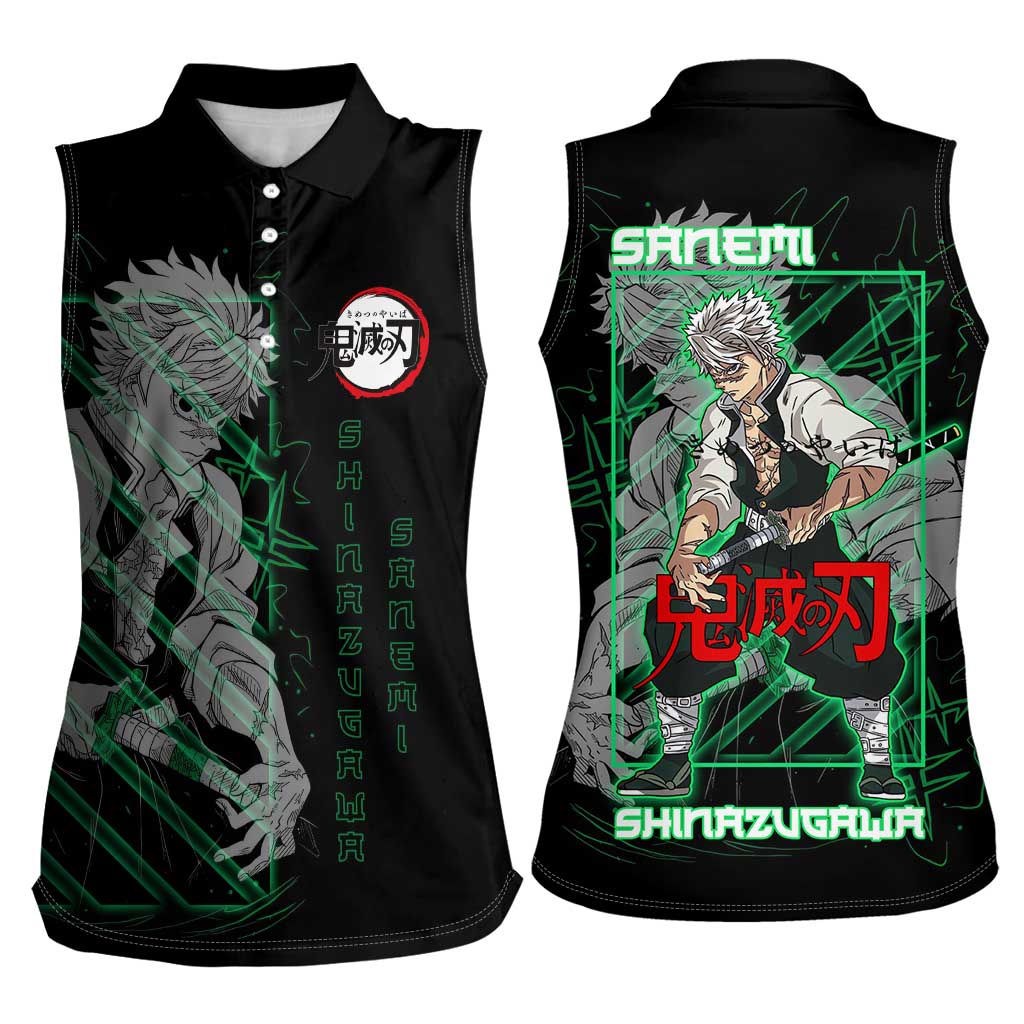 Shinazugawa Sanemi Demon Slayer Women Sleeveless Polo Shirt with Green and Black Grid Style Design - The Mazicc