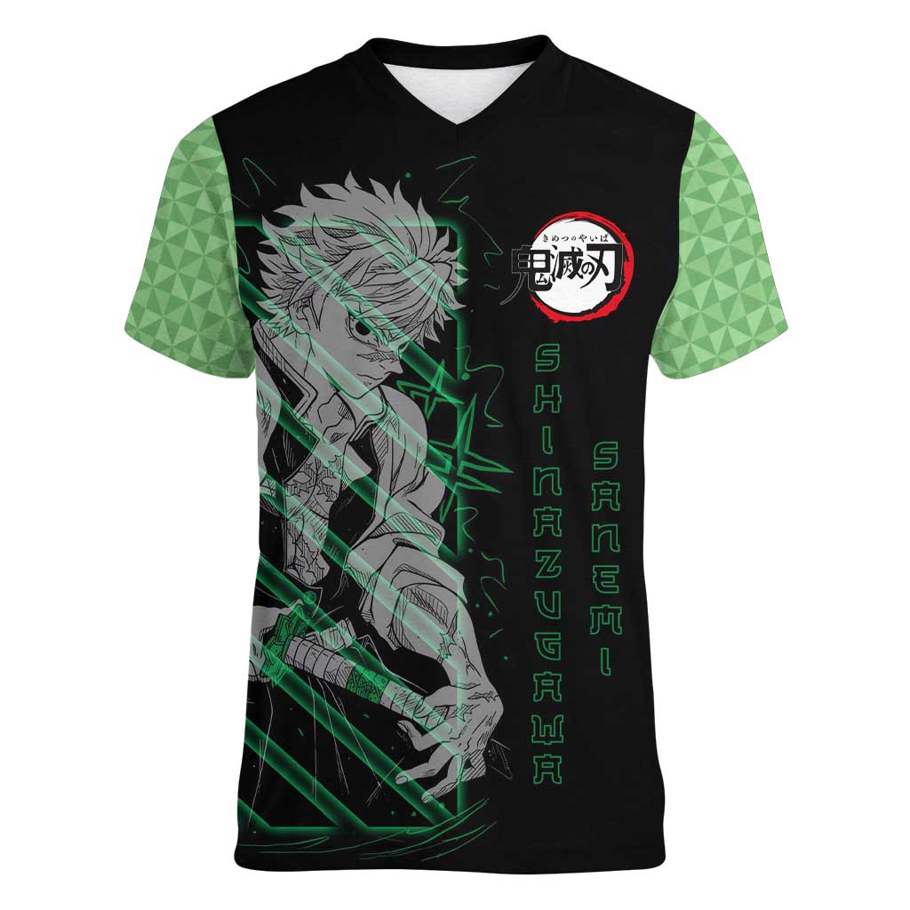 Shinazugawa Sanemi Demon Slayer Women V-Neck T-Shirt with Green and Black Grid Style Design - The Mazicc