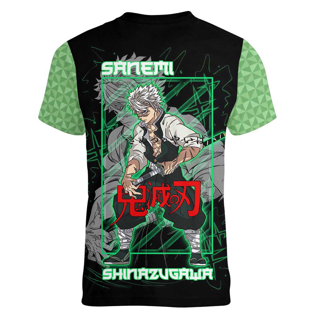 Shinazugawa Sanemi Demon Slayer Women V-Neck T-Shirt with Green and Black Grid Style Design - The Mazicc