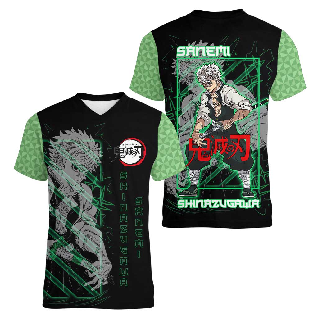Shinazugawa Sanemi Demon Slayer Women V-Neck T-Shirt with Green and Black Grid Style Design - The Mazicc