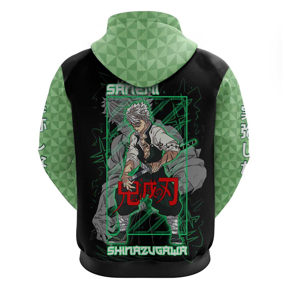 Shinazugawa Sanemi Demon Slayer Zip Hoodie with Green and Black Grid Style Design - The Mazicc
