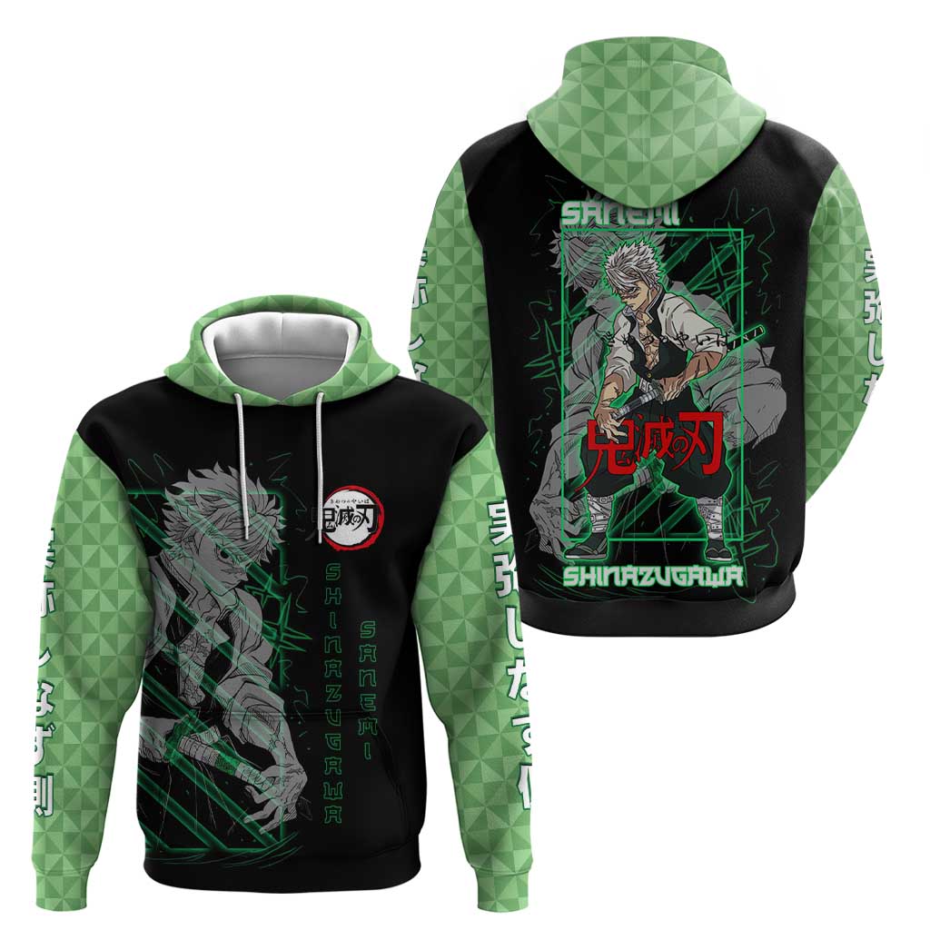 Shinazugawa Sanemi Demon Slayer Zip Hoodie with Green and Black Grid Style Design - The Mazicc