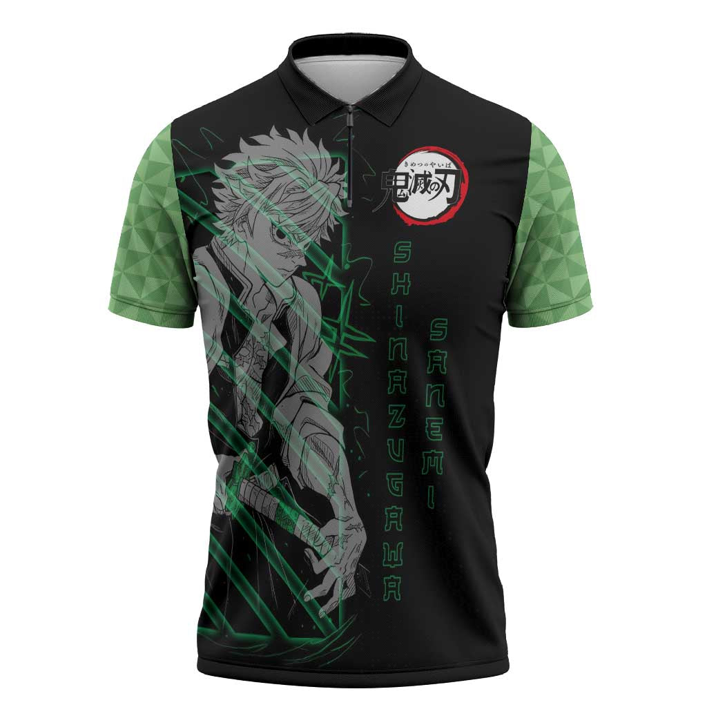 Shinazugawa Sanemi Demon Slayer Zipper Polo Shirt with Green and Black Grid Style Design - The Mazicc