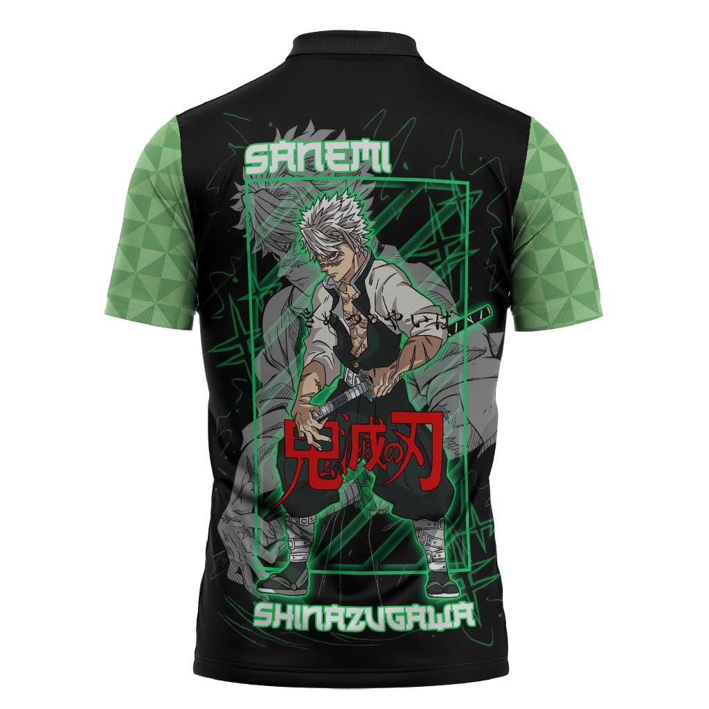 Shinazugawa Sanemi Demon Slayer Zipper Polo Shirt with Green and Black Grid Style Design - The Mazicc