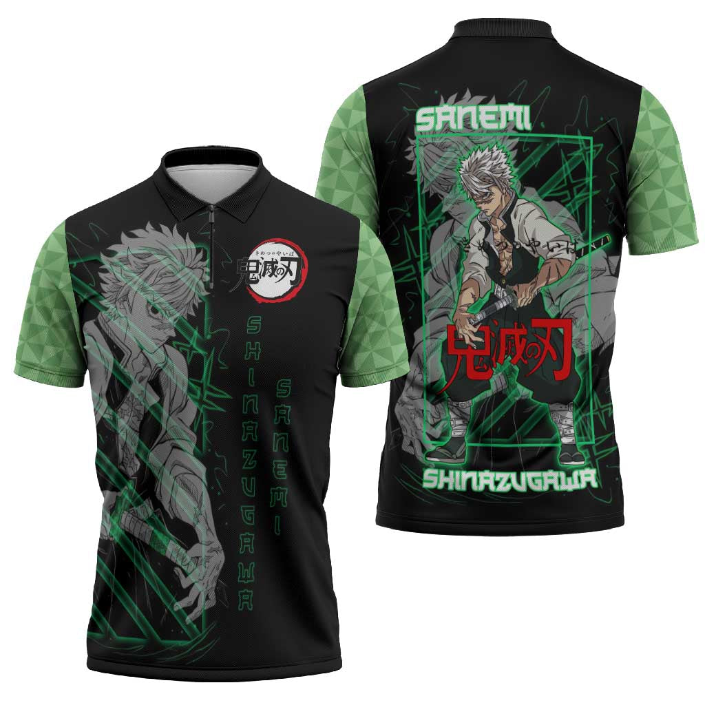 Shinazugawa Sanemi Demon Slayer Zipper Polo Shirt with Green and Black Grid Style Design - The Mazicc
