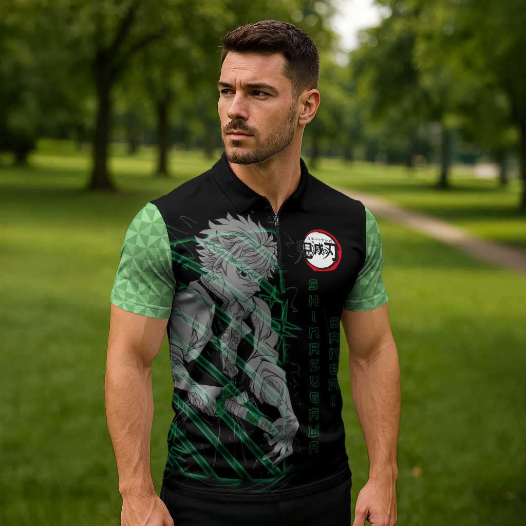 Shinazugawa Sanemi Demon Slayer Zipper Polo Shirt with Green and Black Grid Style Design - The Mazicc