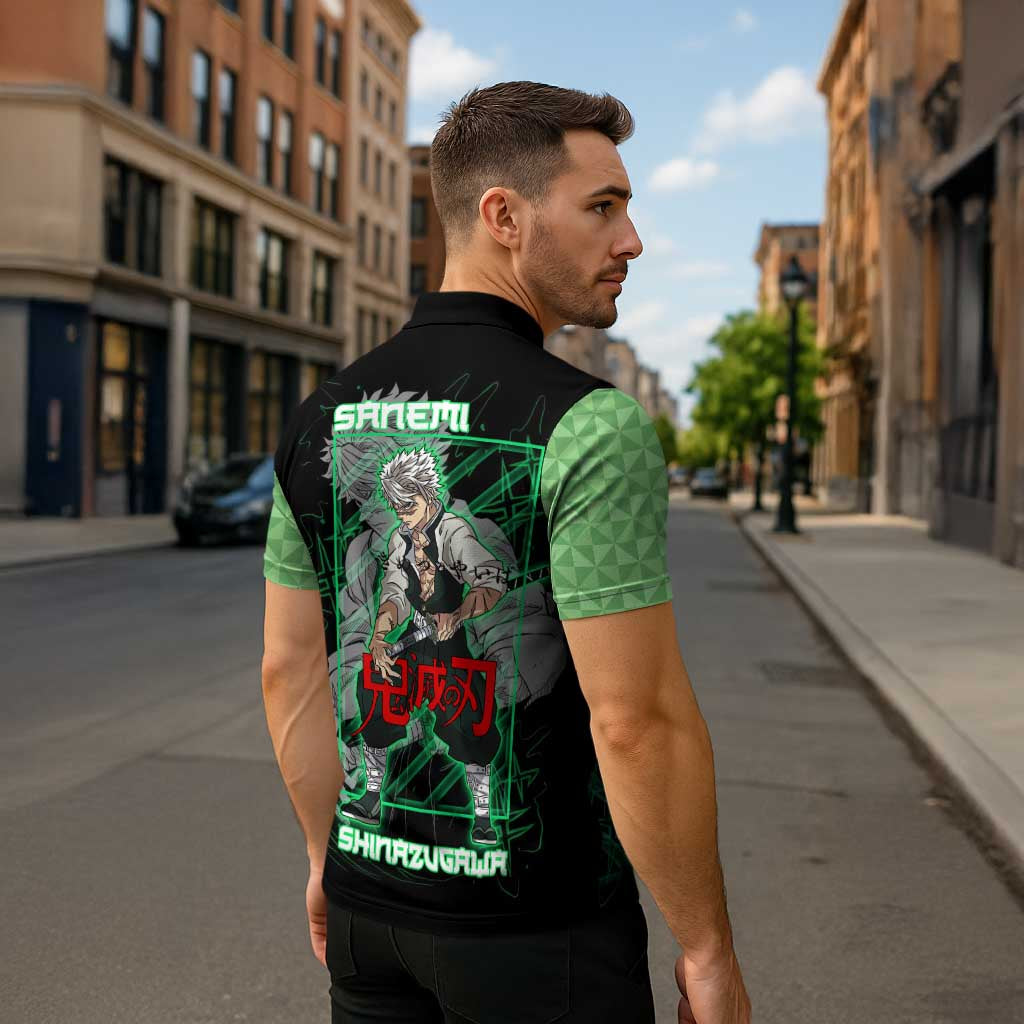Shinazugawa Sanemi Demon Slayer Zipper Polo Shirt with Green and Black Grid Style Design - The Mazicc