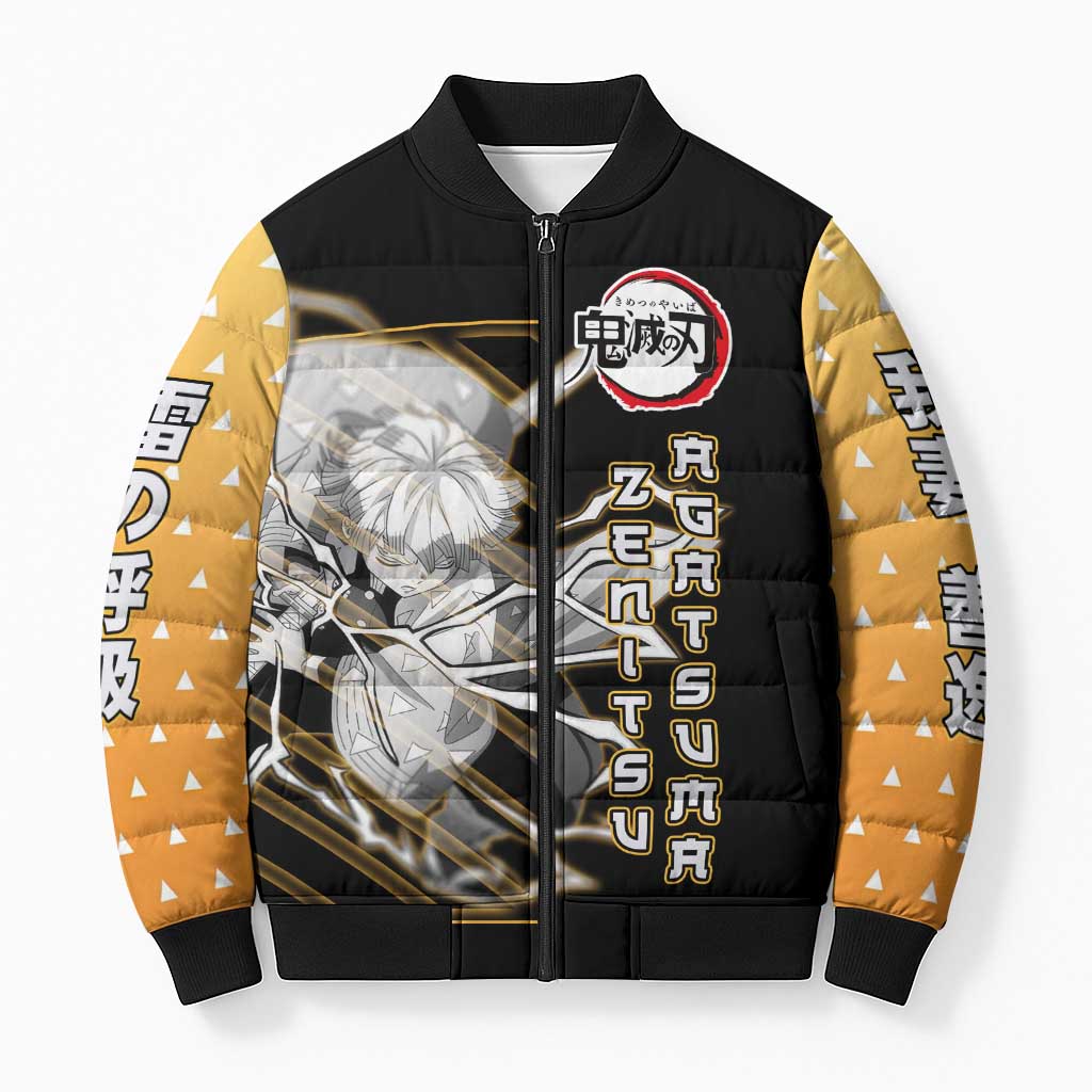 Agatsuma Zenitsu Demon Slayer Bomber Puffer Jacket with Yellow and Black Lightning Style Design - The Mazicc