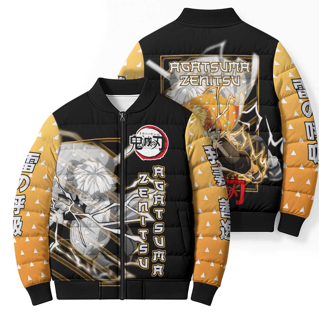 Agatsuma Zenitsu Demon Slayer Bomber Puffer Jacket with Yellow and Black Lightning Style Design - The Mazicc