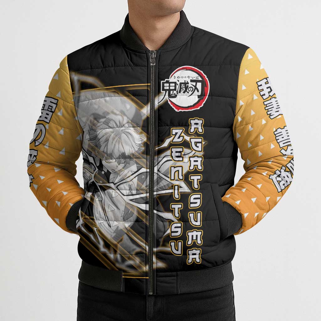 Agatsuma Zenitsu Demon Slayer Bomber Puffer Jacket with Yellow and Black Lightning Style Design - The Mazicc