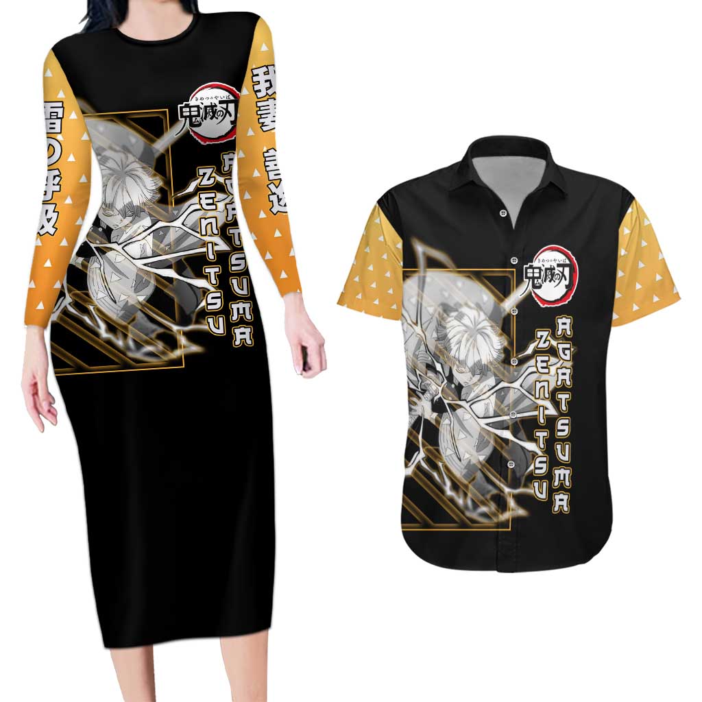 Agatsuma Zenitsu Demon Slayer Couples Matching Long Sleeve Bodycon Dress and Hawaiian Shirt with Yellow and Black Lightning Style Design - The Mazicc