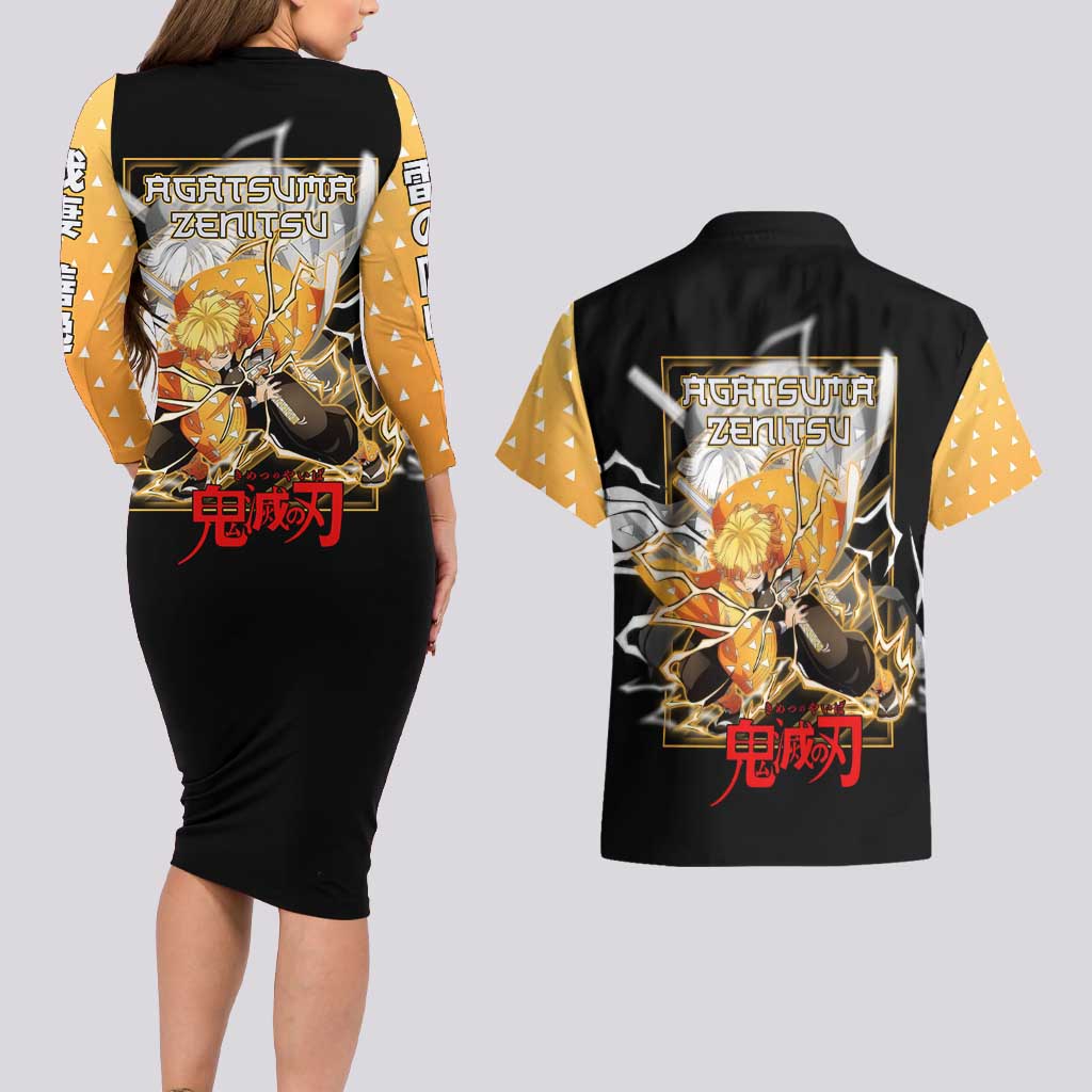 Agatsuma Zenitsu Demon Slayer Couples Matching Long Sleeve Bodycon Dress and Hawaiian Shirt with Yellow and Black Lightning Style Design - The Mazicc