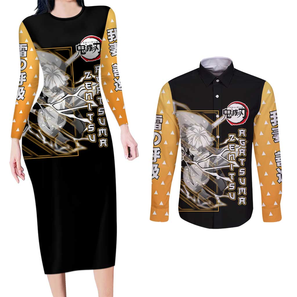 Agatsuma Zenitsu Demon Slayer Couples Matching Long Sleeve Bodycon Dress and Long Sleeve Button Shirt with Yellow and Black Lightning Style Design - The Mazicc