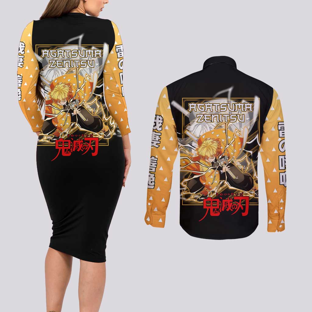 Agatsuma Zenitsu Demon Slayer Couples Matching Long Sleeve Bodycon Dress and Long Sleeve Button Shirt with Yellow and Black Lightning Style Design - The Mazicc