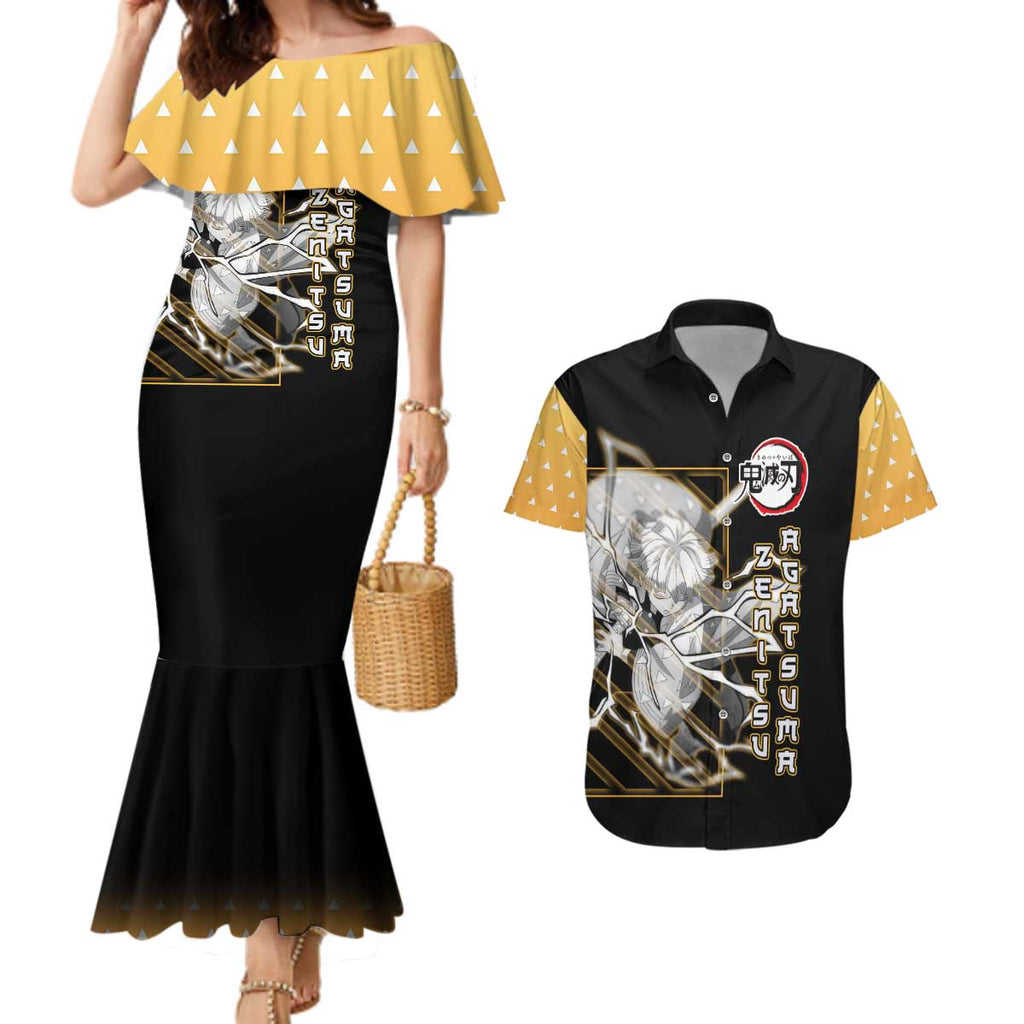 Agatsuma Zenitsu Demon Slayer Couples Matching Mermaid Dress and Hawaiian Shirt with Yellow and Black Lightning Style Design - The Mazicc