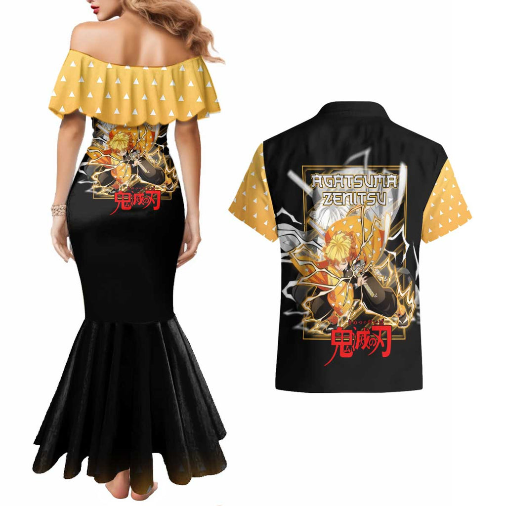 Agatsuma Zenitsu Demon Slayer Couples Matching Mermaid Dress and Hawaiian Shirt with Yellow and Black Lightning Style Design - The Mazicc