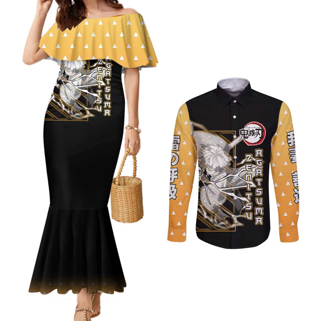 Agatsuma Zenitsu Demon Slayer Couples Matching Mermaid Dress and Long Sleeve Button Shirt with Yellow and Black Lightning Style Design - The Mazicc