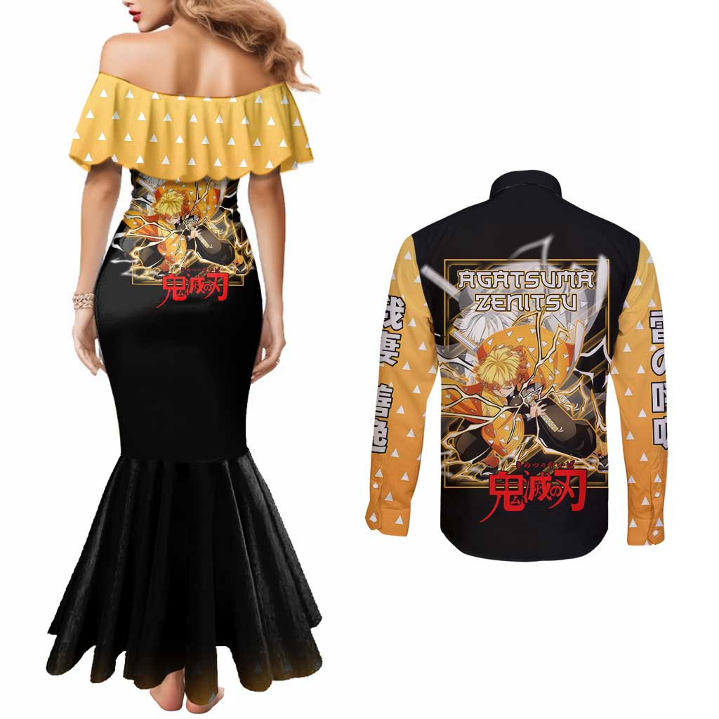 Agatsuma Zenitsu Demon Slayer Couples Matching Mermaid Dress and Long Sleeve Button Shirt with Yellow and Black Lightning Style Design - The Mazicc