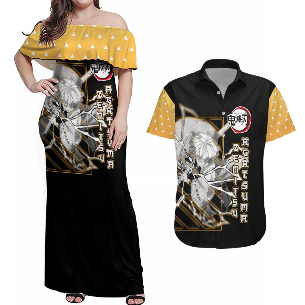 Agatsuma Zenitsu Demon Slayer Couples Matching Off Shoulder Maxi Dress and Hawaiian Shirt with Yellow and Black Lightning Style Design - The Mazicc