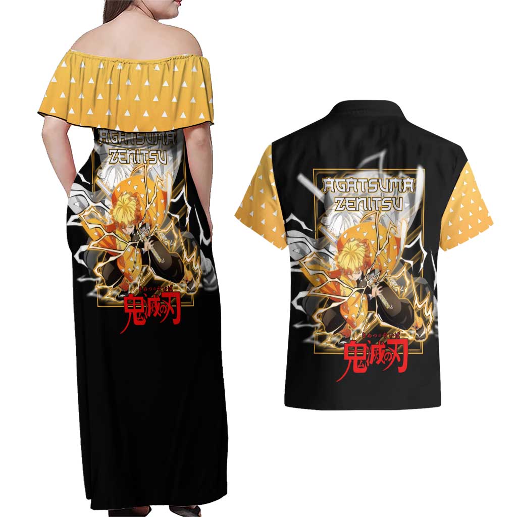 Agatsuma Zenitsu Demon Slayer Couples Matching Off Shoulder Maxi Dress and Hawaiian Shirt with Yellow and Black Lightning Style Design - The Mazicc