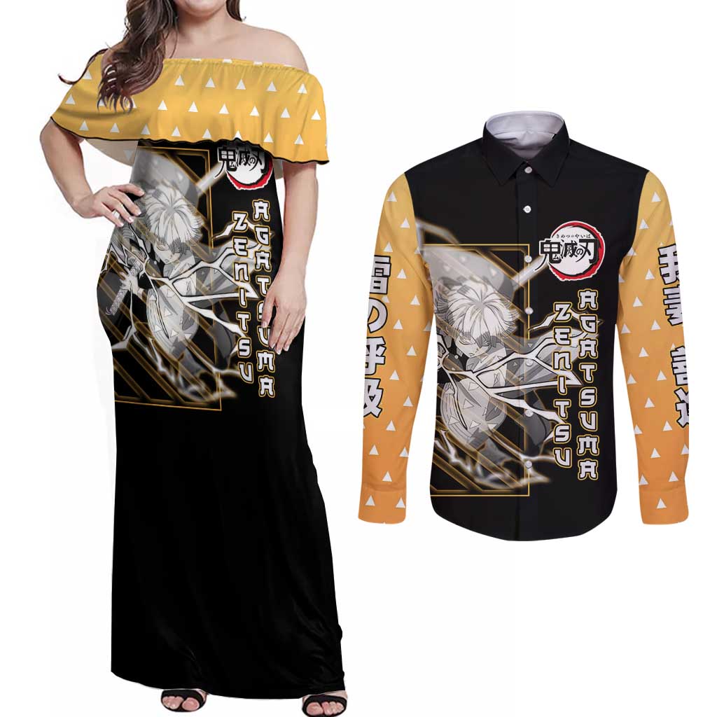 Agatsuma Zenitsu Demon Slayer Couples Matching Off Shoulder Maxi Dress and Long Sleeve Button Shirt with Yellow and Black Lightning Style Design - The Mazicc