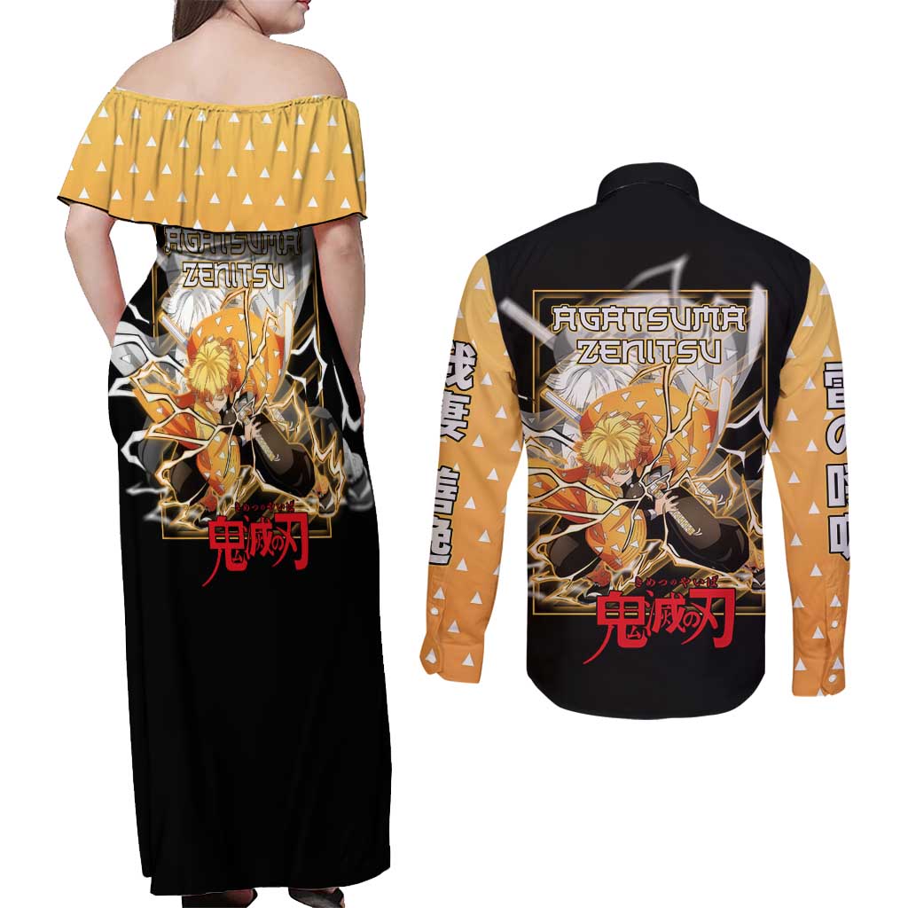 Agatsuma Zenitsu Demon Slayer Couples Matching Off Shoulder Maxi Dress and Long Sleeve Button Shirt with Yellow and Black Lightning Style Design - The Mazicc