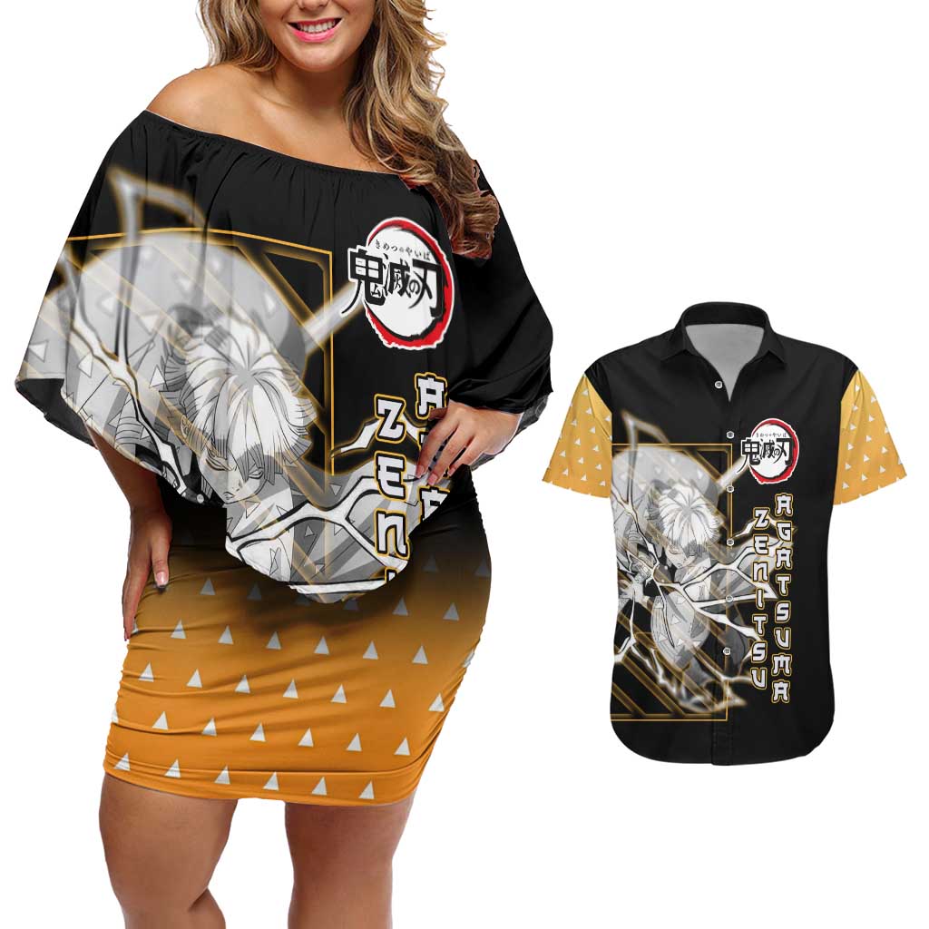 Agatsuma Zenitsu Demon Slayer Couples Matching Off Shoulder Short Dress and Hawaiian Shirt with Yellow and Black Lightning Style Design - The Mazicc