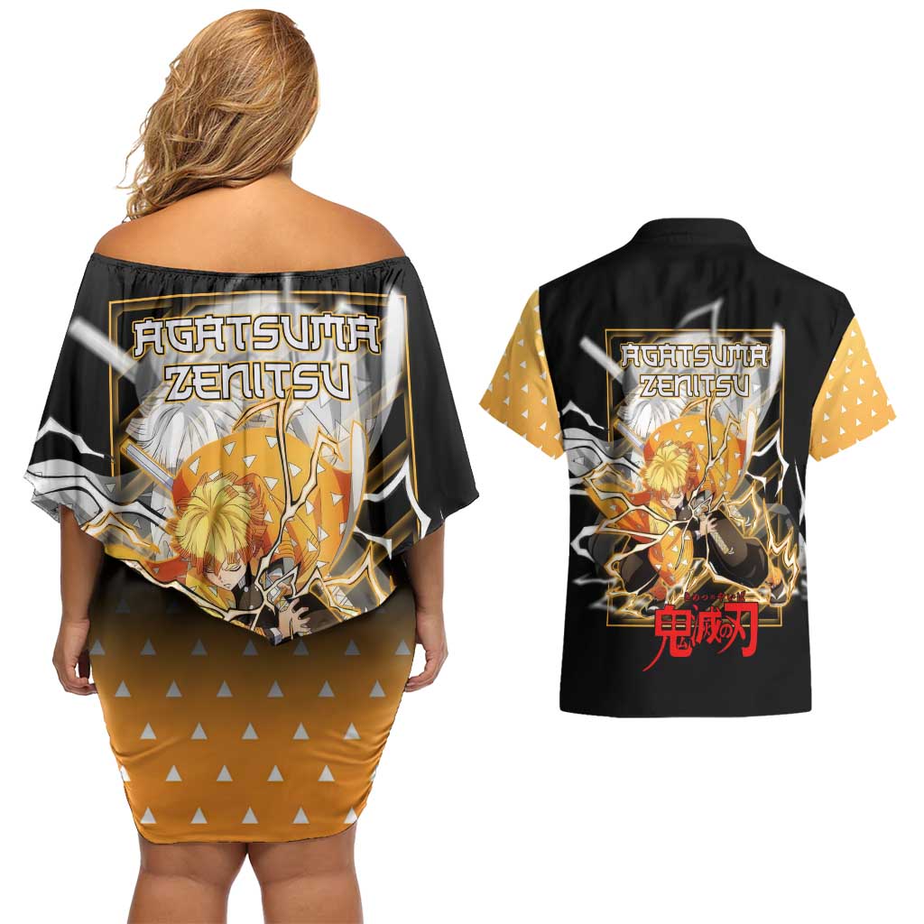 Agatsuma Zenitsu Demon Slayer Couples Matching Off Shoulder Short Dress and Hawaiian Shirt with Yellow and Black Lightning Style Design - The Mazicc