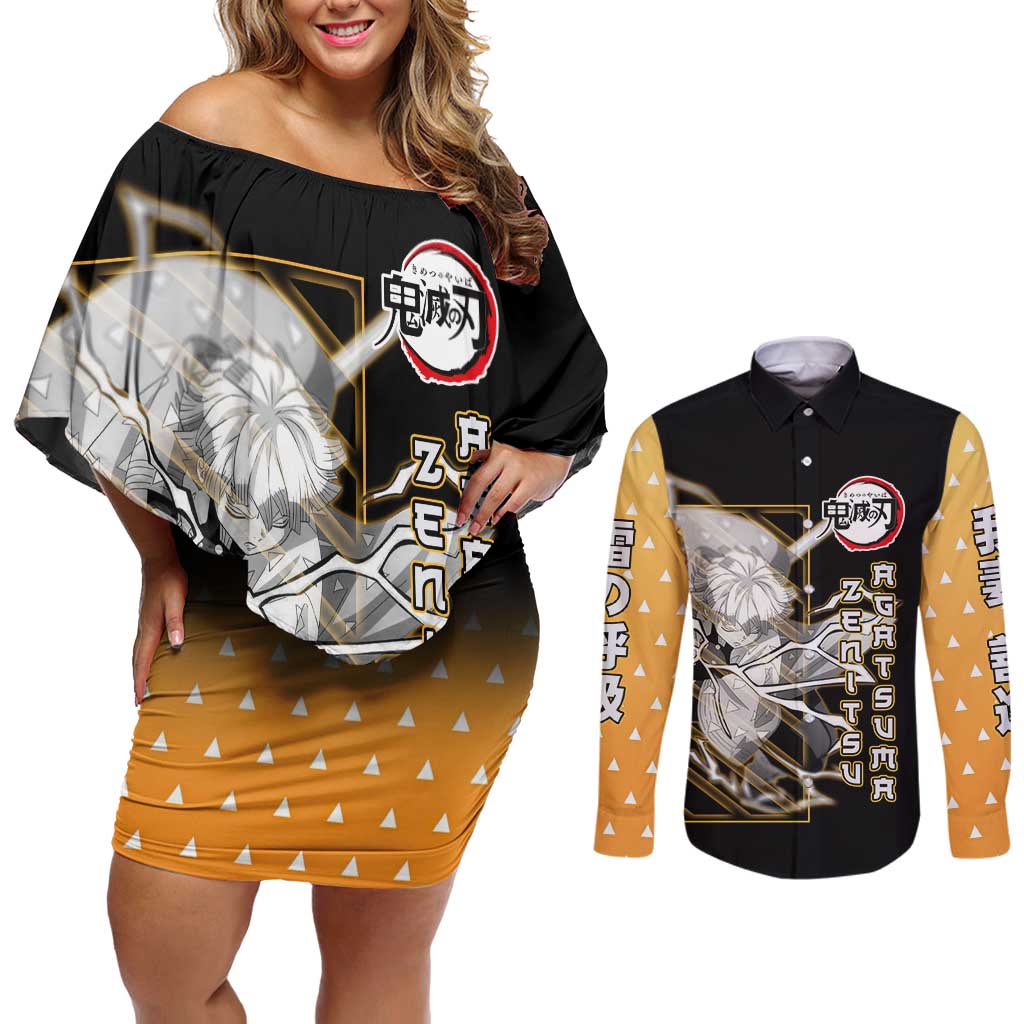 Agatsuma Zenitsu Demon Slayer Couples Matching Off Shoulder Short Dress and Long Sleeve Button Shirt with Yellow and Black Lightning Style Design - The Mazicc