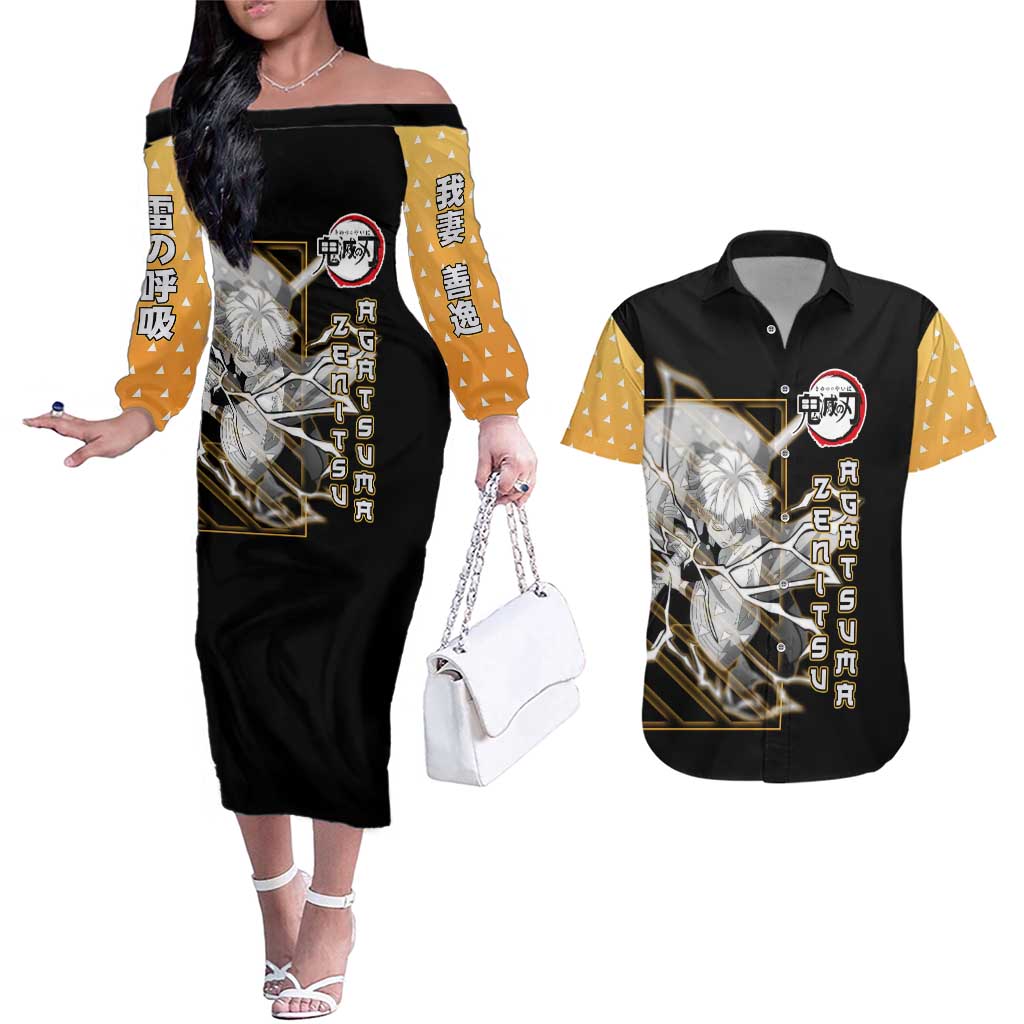Agatsuma Zenitsu Demon Slayer Couples Matching Off The Shoulder Long Sleeve Dress and Hawaiian Shirt with Yellow and Black Lightning Style Design - The Mazicc