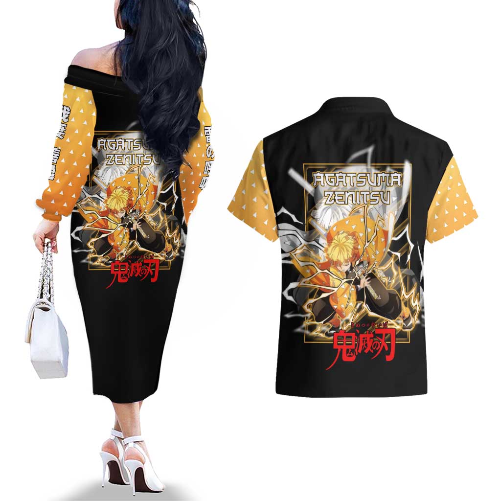 Agatsuma Zenitsu Demon Slayer Couples Matching Off The Shoulder Long Sleeve Dress and Hawaiian Shirt with Yellow and Black Lightning Style Design - The Mazicc