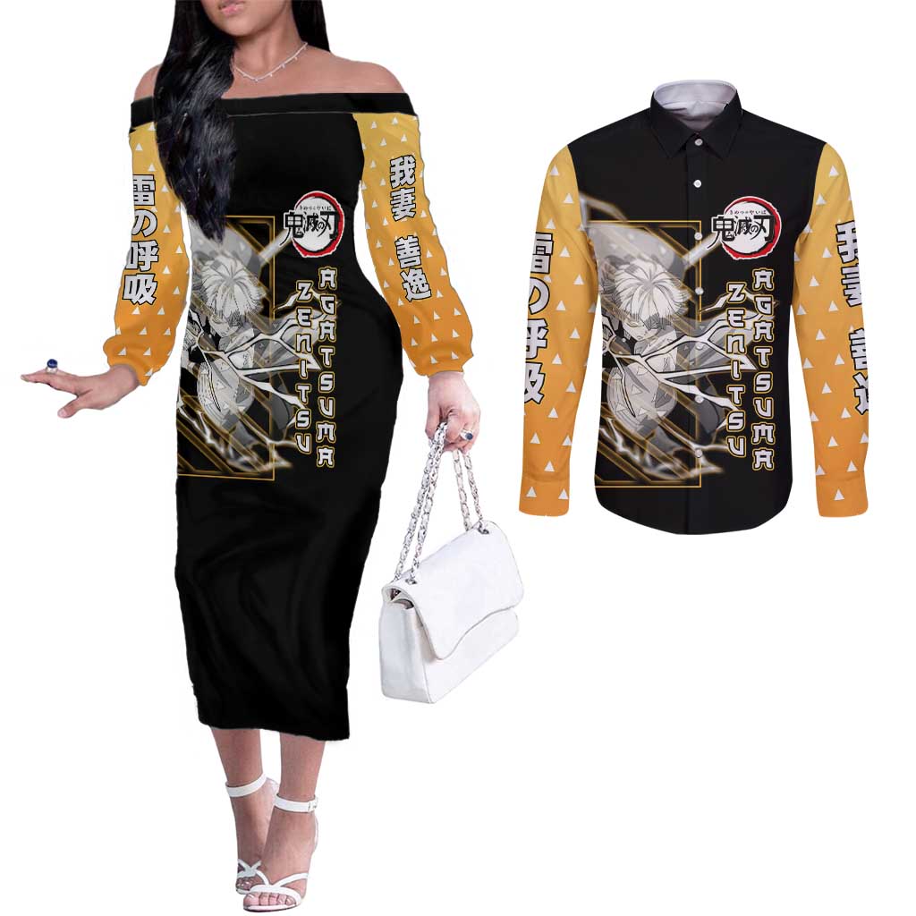 Agatsuma Zenitsu Demon Slayer Couples Matching Off The Shoulder Long Sleeve Dress and Long Sleeve Button Shirt with Yellow and Black Lightning Style Design - The Mazicc
