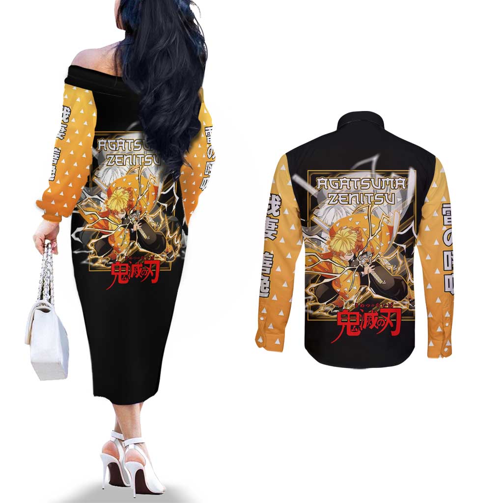 Agatsuma Zenitsu Demon Slayer Couples Matching Off The Shoulder Long Sleeve Dress and Long Sleeve Button Shirt with Yellow and Black Lightning Style Design - The Mazicc