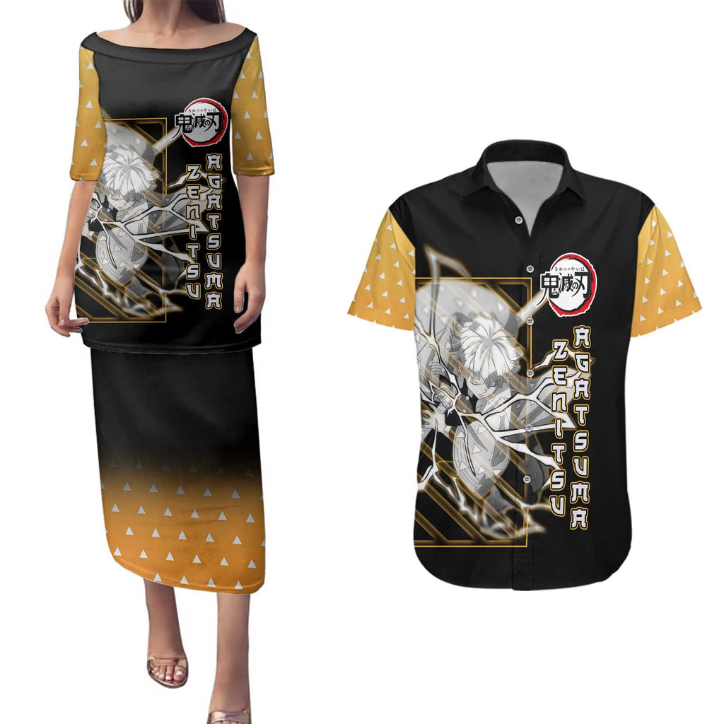 Agatsuma Zenitsu Demon Slayer Couples Matching Puletasi and Hawaiian Shirt with Yellow and Black Lightning Style Design - The Mazicc