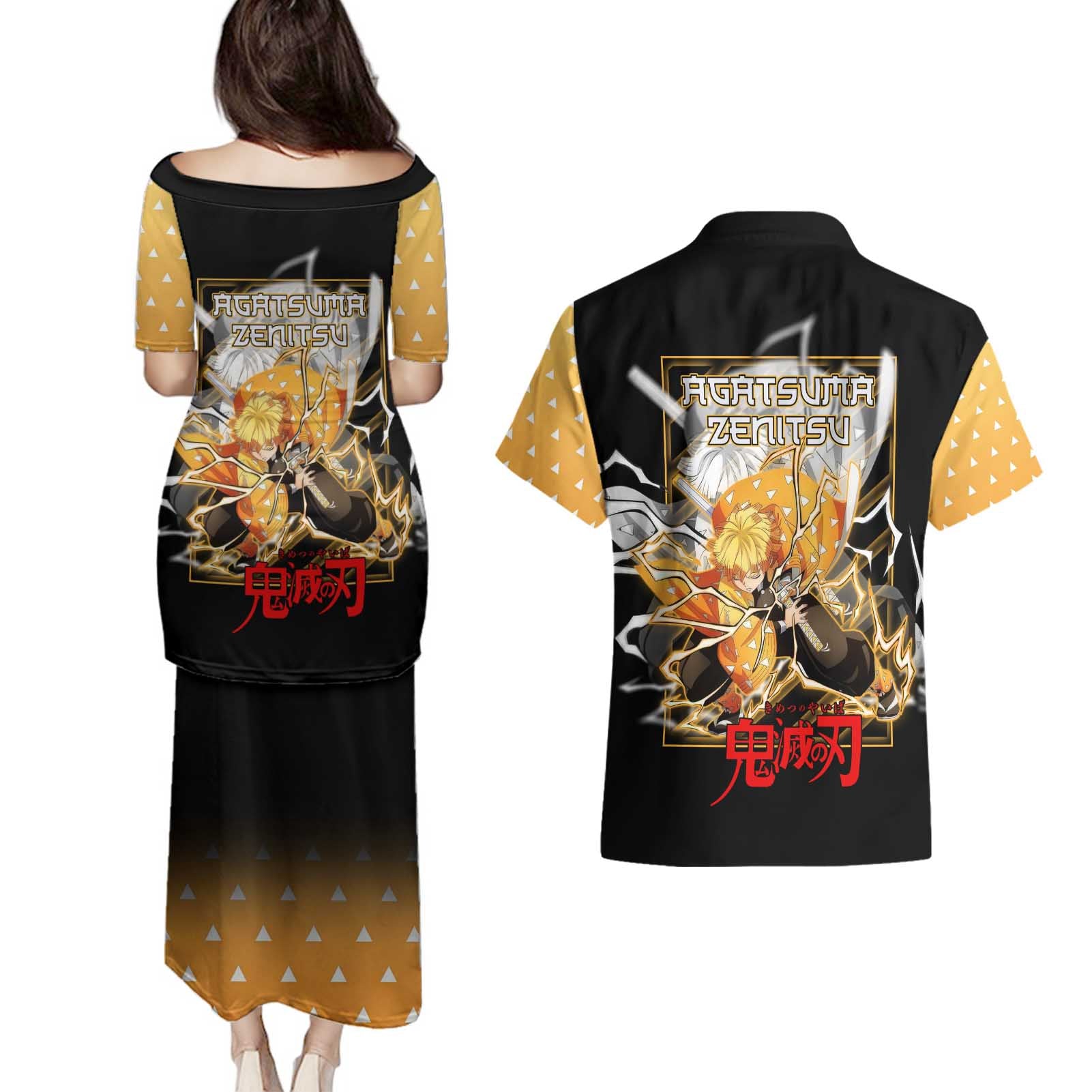 Agatsuma Zenitsu Demon Slayer Couples Matching Puletasi and Hawaiian Shirt with Yellow and Black Lightning Style Design - The Mazicc