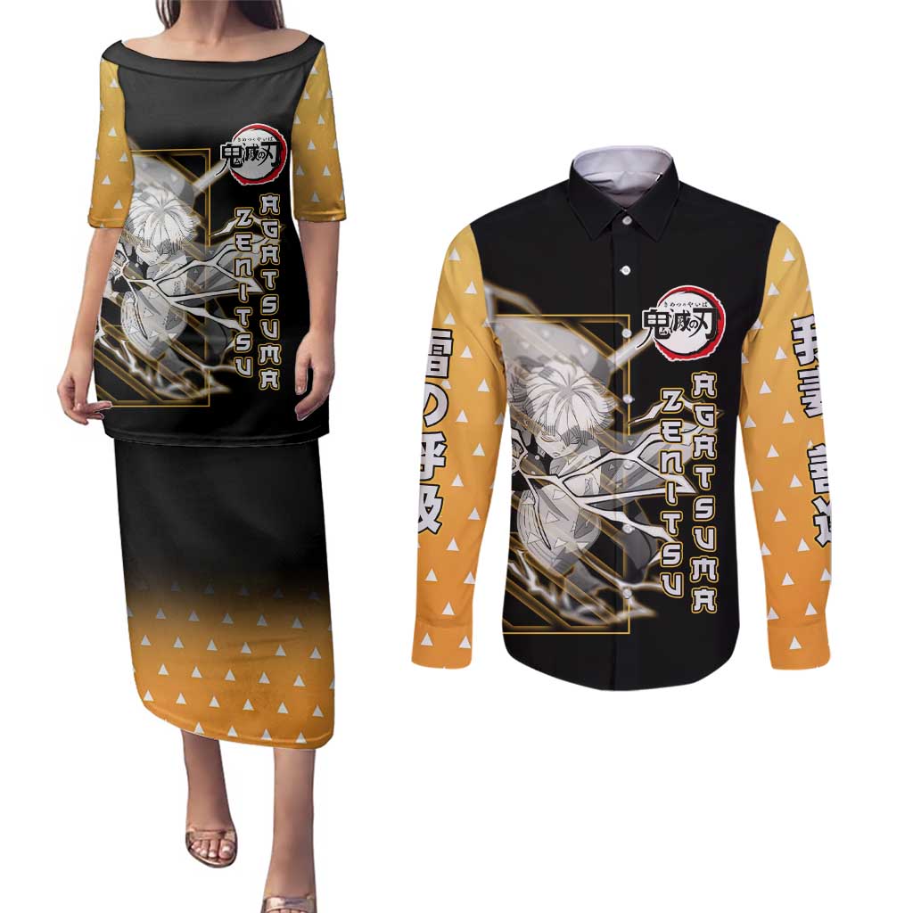 Agatsuma Zenitsu Demon Slayer Couples Matching Puletasi and Long Sleeve Button Shirt with Yellow and Black Lightning Style Design - The Mazicc