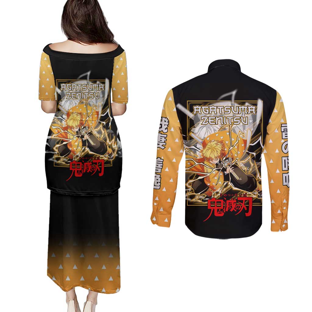 Agatsuma Zenitsu Demon Slayer Couples Matching Puletasi and Long Sleeve Button Shirt with Yellow and Black Lightning Style Design - The Mazicc