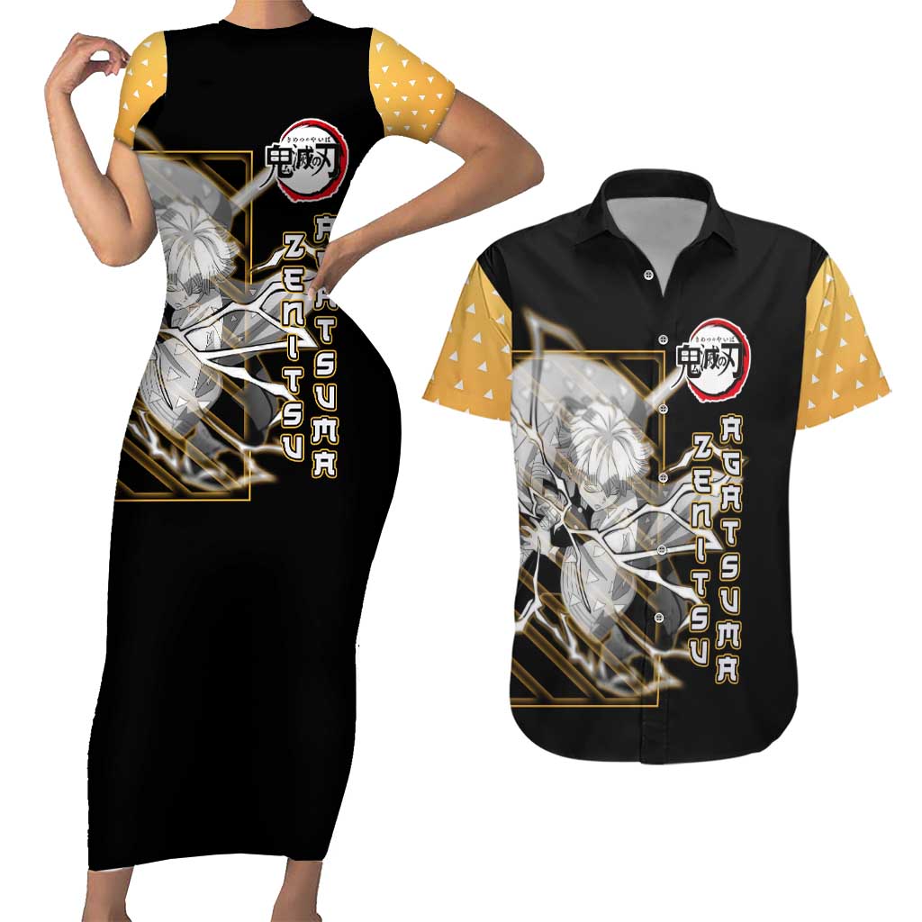 Agatsuma Zenitsu Demon Slayer Couples Matching Short Sleeve Bodycon Dress and Hawaiian Shirt with Yellow and Black Lightning Style Design - The Mazicc