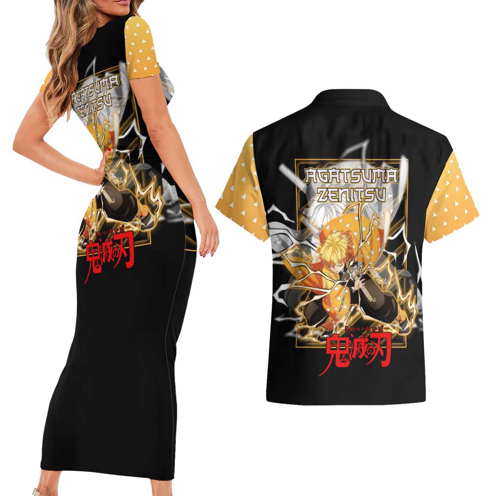Agatsuma Zenitsu Demon Slayer Couples Matching Short Sleeve Bodycon Dress and Hawaiian Shirt with Yellow and Black Lightning Style Design - The Mazicc