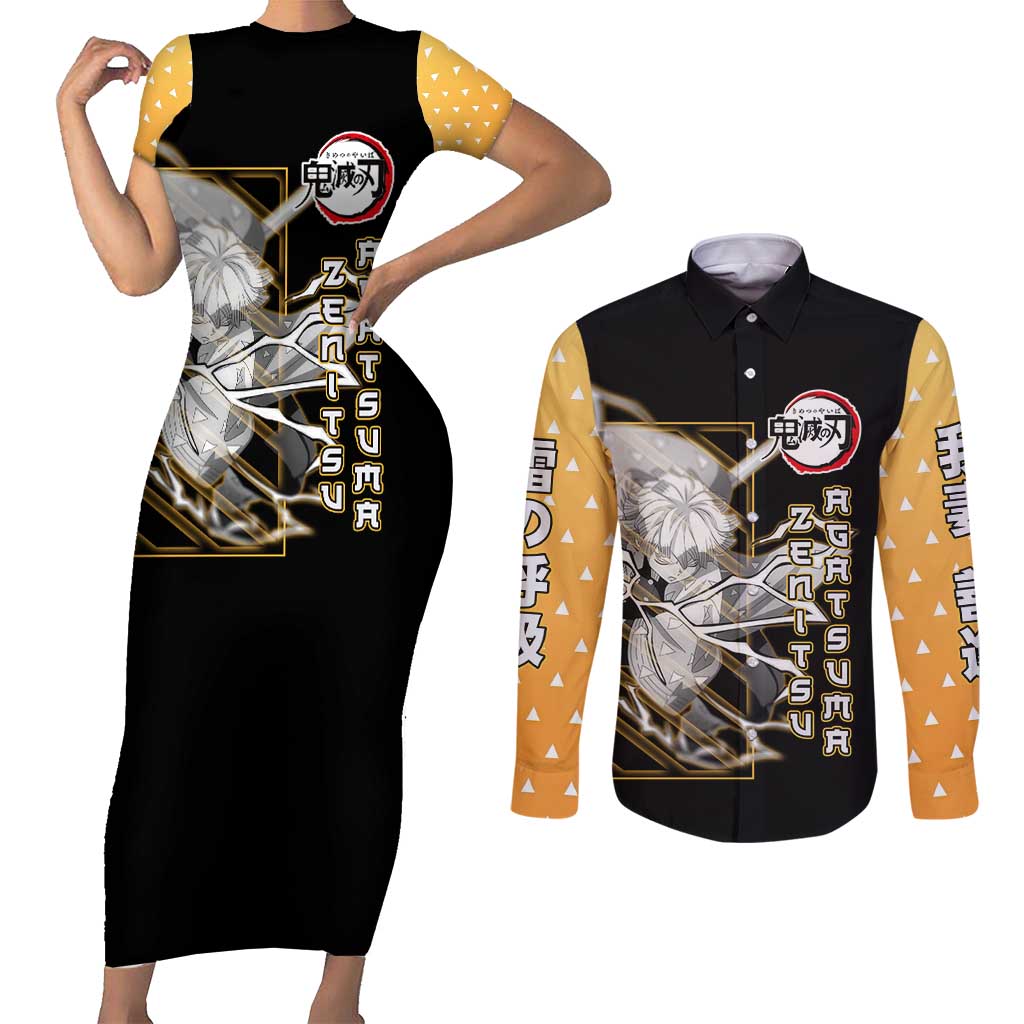 Agatsuma Zenitsu Demon Slayer Couples Matching Short Sleeve Bodycon Dress and Long Sleeve Button Shirt with Yellow and Black Lightning Style Design - The Mazicc
