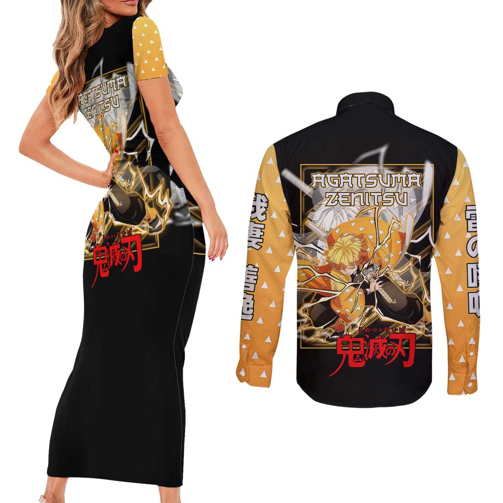Agatsuma Zenitsu Demon Slayer Couples Matching Short Sleeve Bodycon Dress and Long Sleeve Button Shirt with Yellow and Black Lightning Style Design - The Mazicc
