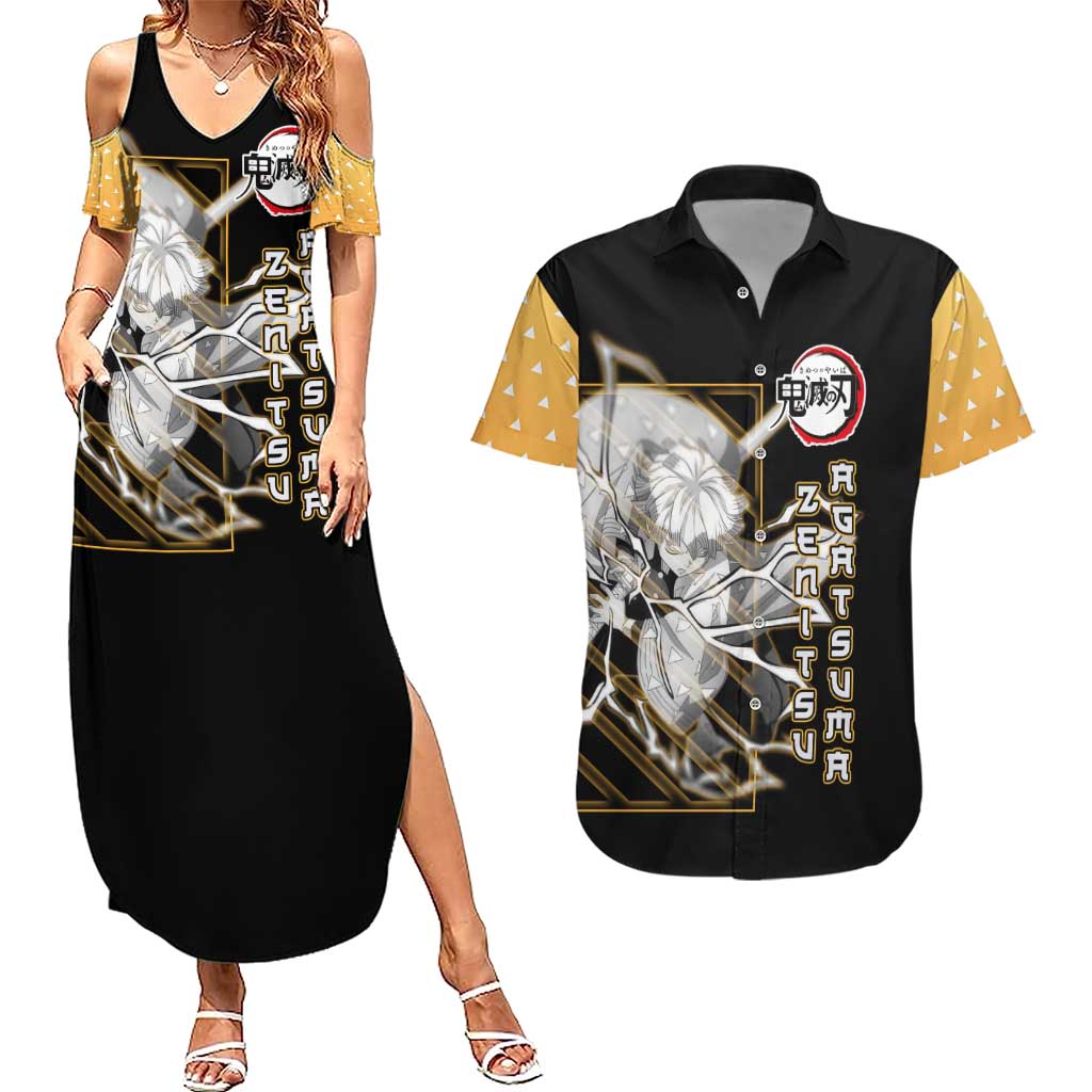 Agatsuma Zenitsu Demon Slayer Couples Matching Summer Maxi Dress and Hawaiian Shirt with Yellow and Black Lightning Style Design - The Mazicc
