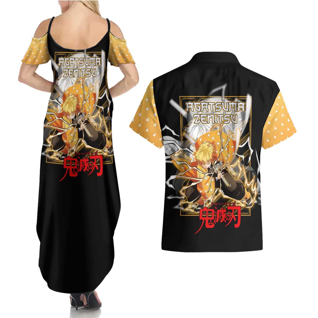 Agatsuma Zenitsu Demon Slayer Couples Matching Summer Maxi Dress and Hawaiian Shirt with Yellow and Black Lightning Style Design - The Mazicc