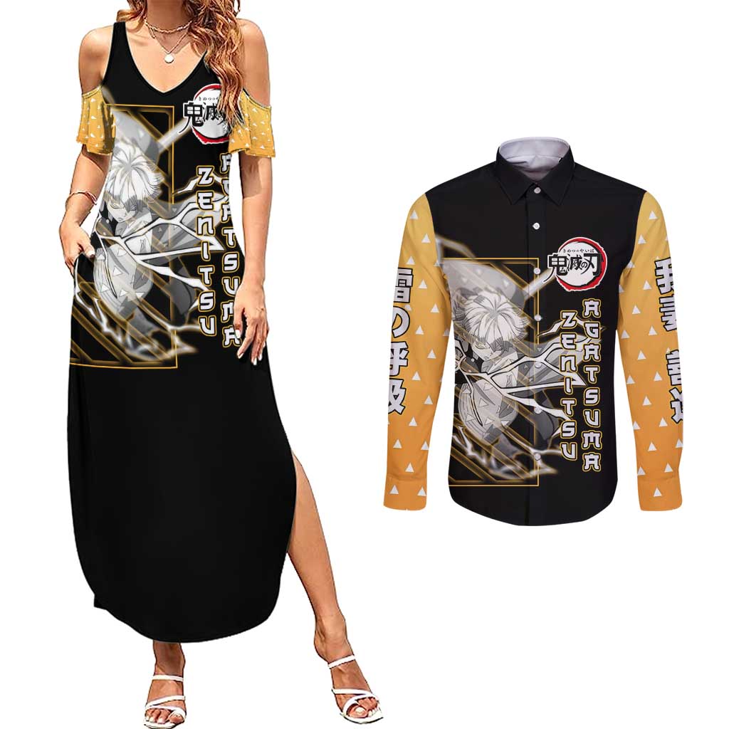 Agatsuma Zenitsu Demon Slayer Couples Matching Summer Maxi Dress and Long Sleeve Button Shirt with Yellow and Black Lightning Style Design - The Mazicc