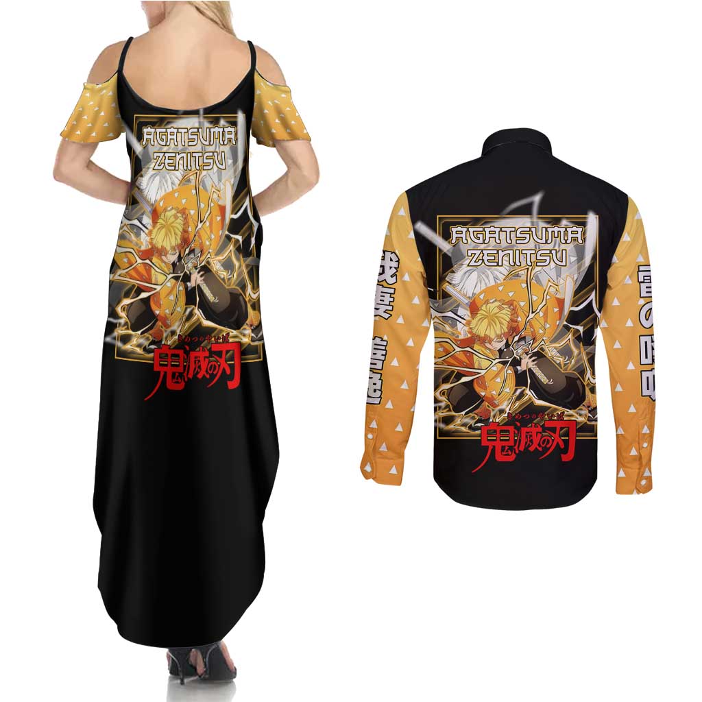 Agatsuma Zenitsu Demon Slayer Couples Matching Summer Maxi Dress and Long Sleeve Button Shirt with Yellow and Black Lightning Style Design - The Mazicc