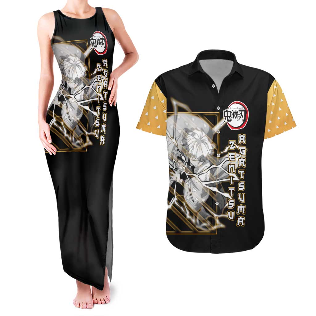 Agatsuma Zenitsu Demon Slayer Couples Matching Tank Maxi Dress and Hawaiian Shirt with Yellow and Black Lightning Style Design - The Mazicc