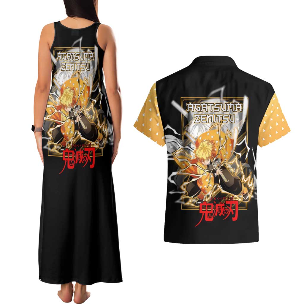 Agatsuma Zenitsu Demon Slayer Couples Matching Tank Maxi Dress and Hawaiian Shirt with Yellow and Black Lightning Style Design - The Mazicc