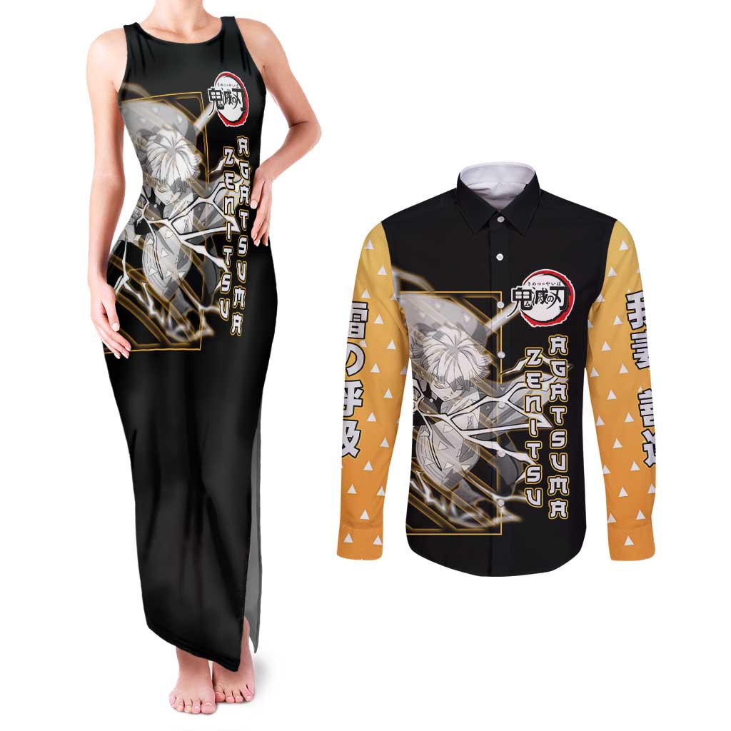 Agatsuma Zenitsu Demon Slayer Couples Matching Tank Maxi Dress and Long Sleeve Button Shirt with Yellow and Black Lightning Style Design - The Mazicc