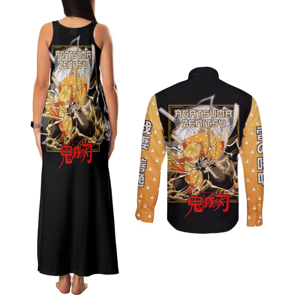 Agatsuma Zenitsu Demon Slayer Couples Matching Tank Maxi Dress and Long Sleeve Button Shirt with Yellow and Black Lightning Style Design - The Mazicc