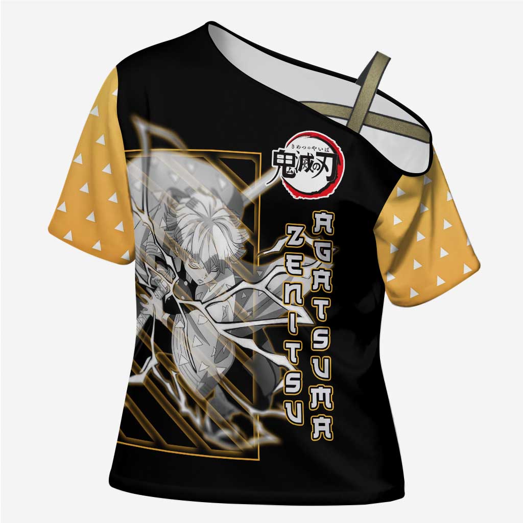 Agatsuma Zenitsu Demon Slayer Cross Shoulder Shirt with Yellow and Black Lightning Style Design - The Mazicc
